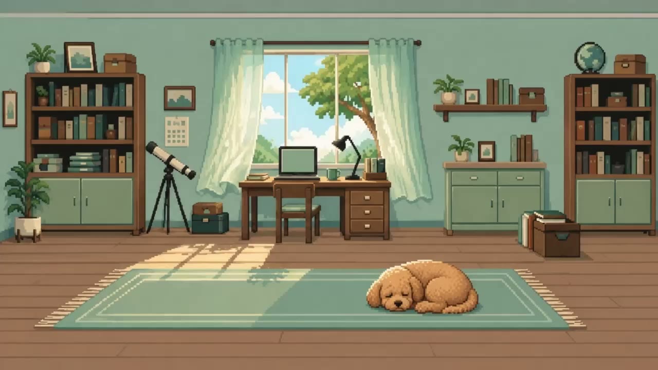 窓から光の差す部屋。ラグの上でトイプードルの Nojo が丸くなって眠っている